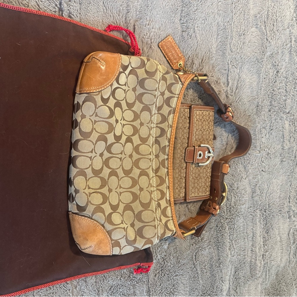 Coach Brown Signature Canvas Shoulder Bag with Tan Leather Trim